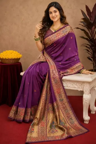 Purple soft silk blend banarasi jacuard work pethani saree with unstitched blouse piece
