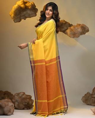 Yellow cotton handspun soft saree with texture borders 3