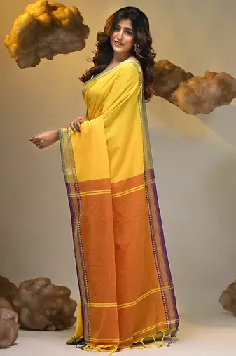 Yellow cotton handspun soft saree with texture borders