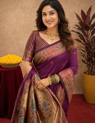 Purple soft silk blend banarasi jacuard work pethani saree with unstitched blouse piece 5