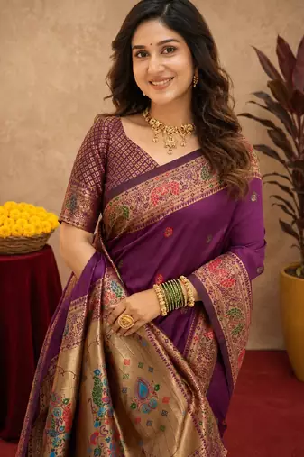 Purple soft silk blend banarasi jacuard work pethani saree with unstitched blouse piece