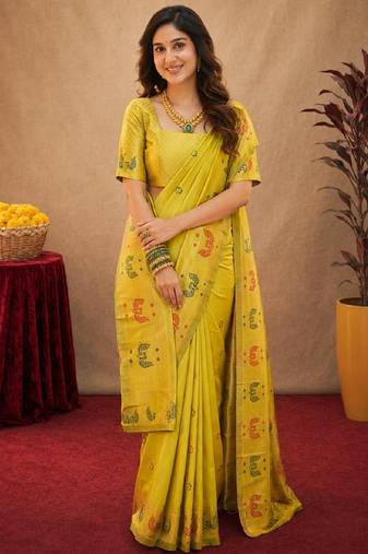 Parrot soft silk blend banarasi jacuard work pethani saree with unstitched blouse piece