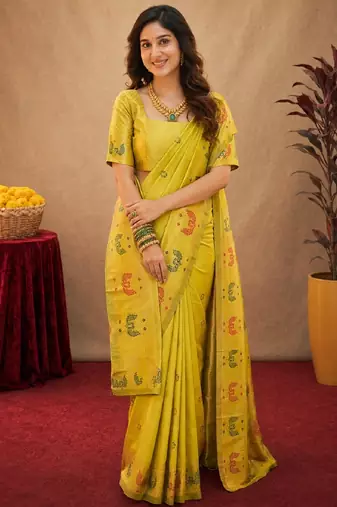 Parrot soft silk blend banarasi jacuard work pethani saree with unstitched blouse piece