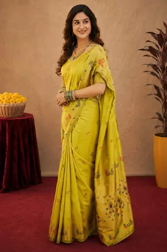 Parrot soft silk blend banarasi jacuard work pethani saree with unstitched blouse piece