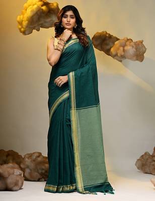 Teal cotton handspun soft saree with texture borders 1