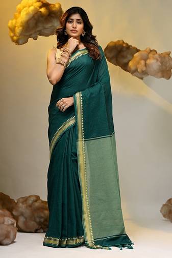 Teal cotton handspun soft saree with texture borders