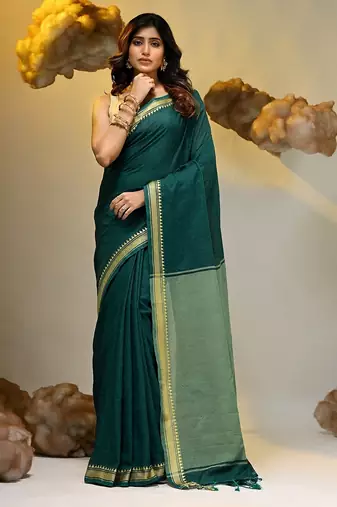 Teal cotton handspun soft saree with texture borders