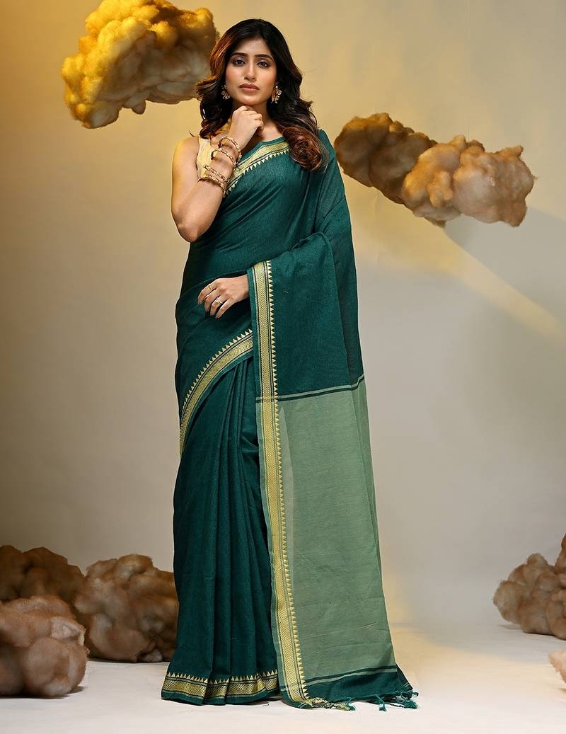 Teal cotton handspun soft saree with texture borders