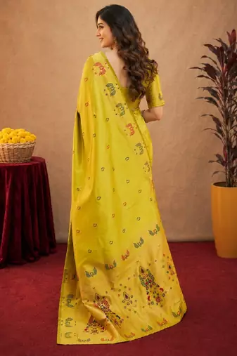 Parrot soft silk blend banarasi jacuard work pethani saree with unstitched blouse piece