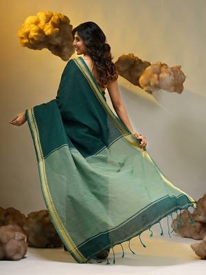 Teal cotton handspun soft saree with texture borders 2