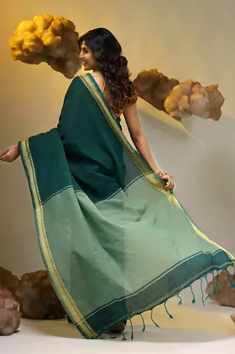 Teal cotton handspun soft saree with texture borders
