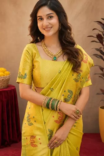 Parrot soft silk blend banarasi jacuard work pethani saree with unstitched blouse piece