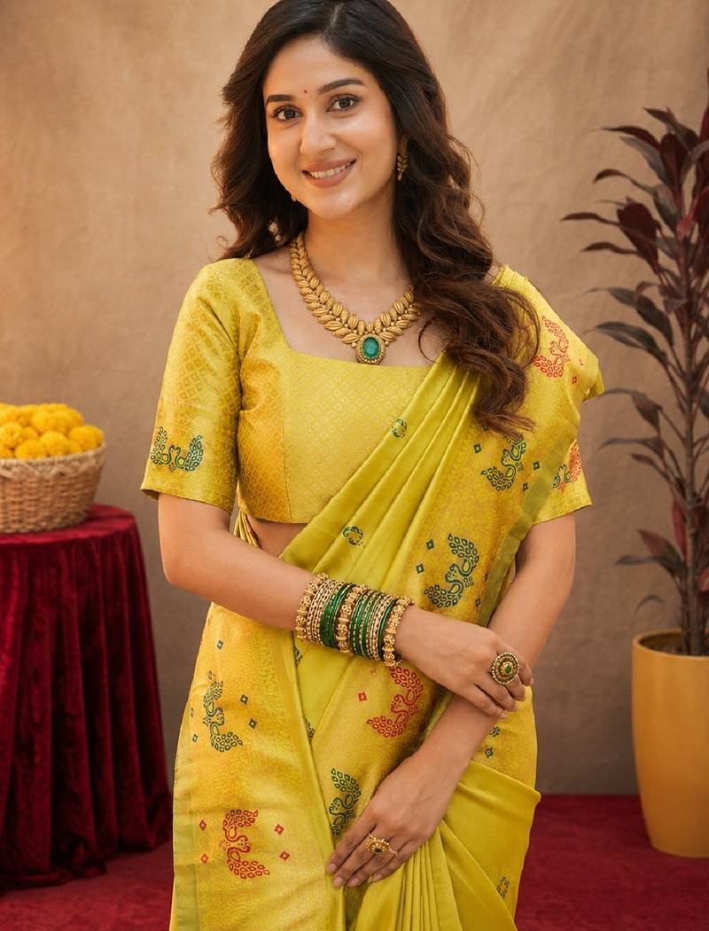 Parrot soft silk blend banarasi jacuard work pethani saree with unstitched blouse piece