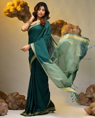 Teal cotton handspun soft saree with texture borders 3