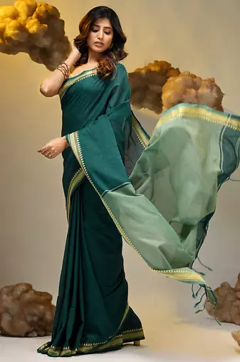 Teal cotton handspun soft saree with texture borders