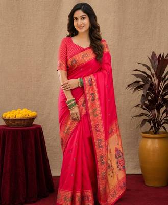 Pink soft silk blend banarasi jacuard work pethani saree with unstitched blouse piece 1