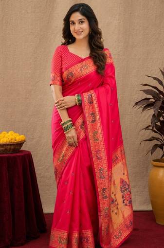 Pink soft silk blend banarasi jacuard work pethani saree with unstitched blouse piece