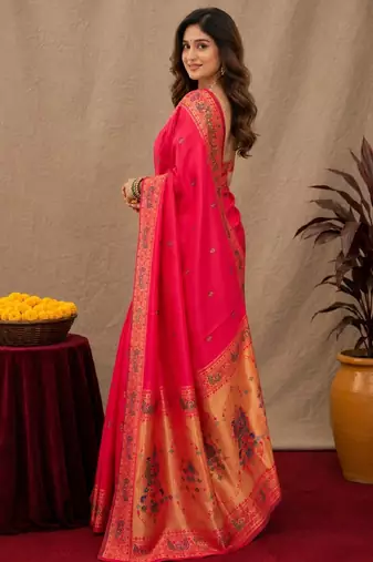 Pink soft silk blend banarasi jacuard work pethani saree with unstitched blouse piece