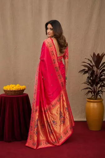 Pink soft silk blend banarasi jacuard work pethani saree with unstitched blouse piece