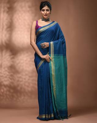 Sapphire blue cotton handspun soft saree with texture borders 1