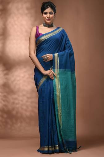 Sapphire blue cotton handspun soft saree with texture borders