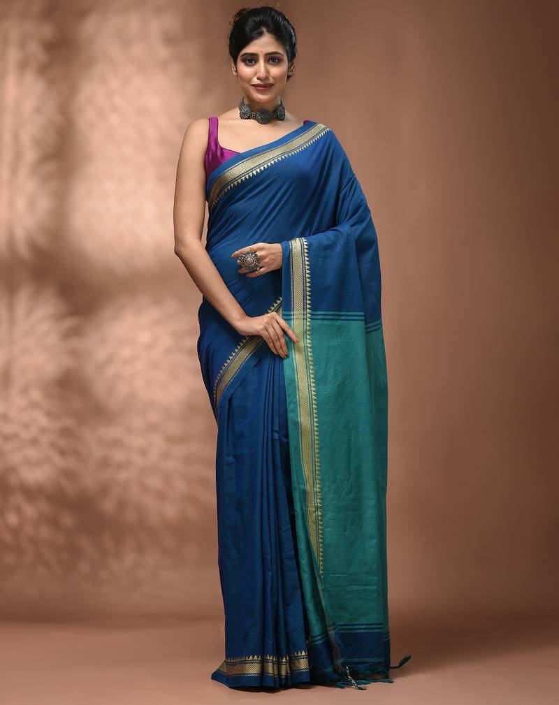 Sapphire blue cotton handspun soft saree with texture borders