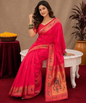 Pink soft silk blend banarasi jacuard work pethani saree with unstitched blouse piece 4