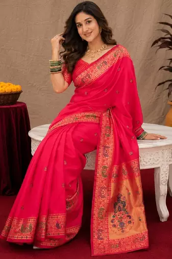 Pink soft silk blend banarasi jacuard work pethani saree with unstitched blouse piece