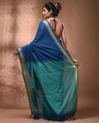 Sapphire blue cotton handspun soft saree with texture borders 2