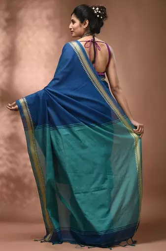 Sapphire blue cotton handspun soft saree with texture borders