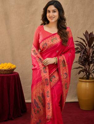 Pink soft silk blend banarasi jacuard work pethani saree with unstitched blouse piece 5