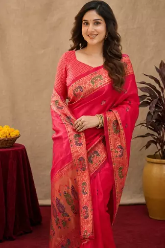 Pink soft silk blend banarasi jacuard work pethani saree with unstitched blouse piece
