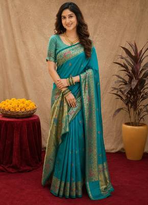 Rama soft silk blend banarasi jacuard work pethani saree with unstitched blouse piece 1