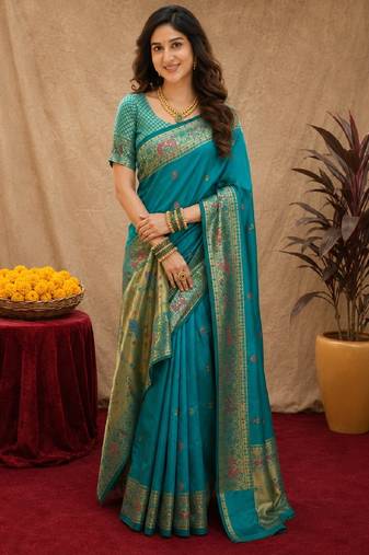 Rama soft silk blend banarasi jacuard work pethani saree with unstitched blouse piece