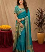 Rama soft silk blend banarasi jacuard work pethani saree with unstitched blouse piece