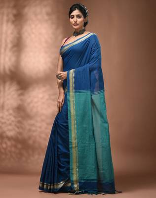Sapphire blue cotton handspun soft saree with texture borders 3