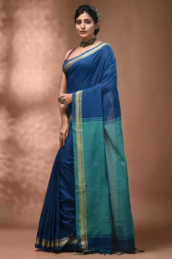 Sapphire blue cotton handspun soft saree with texture borders