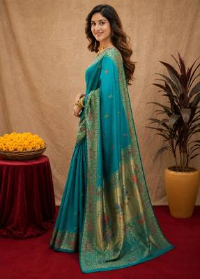 Rama soft silk blend banarasi jacuard work pethani saree with unstitched blouse piece 2