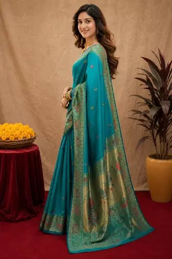 Rama soft silk blend banarasi jacuard work pethani saree with unstitched blouse piece