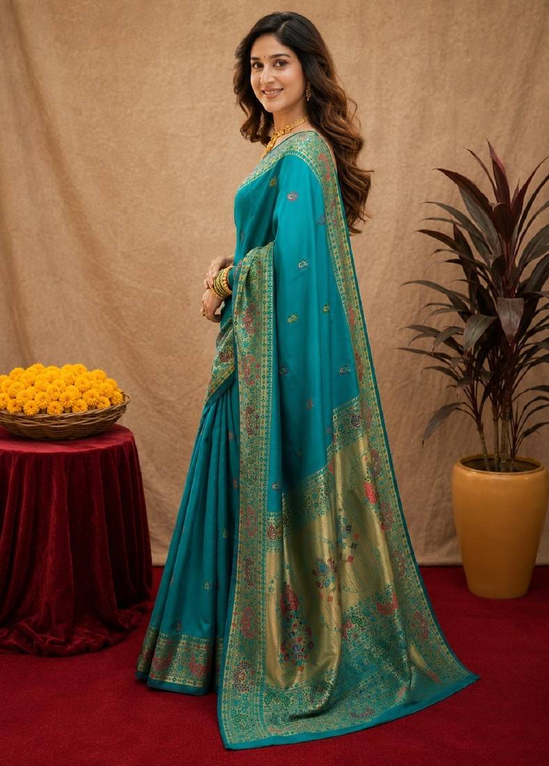 Rama soft silk blend banarasi jacuard work pethani saree with unstitched blouse piece