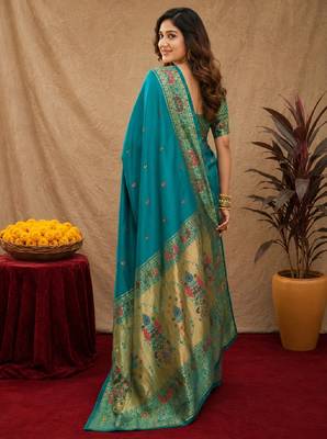 Rama soft silk blend banarasi jacuard work pethani saree with unstitched blouse piece 3