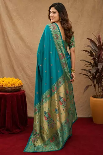 Rama soft silk blend banarasi jacuard work pethani saree with unstitched blouse piece
