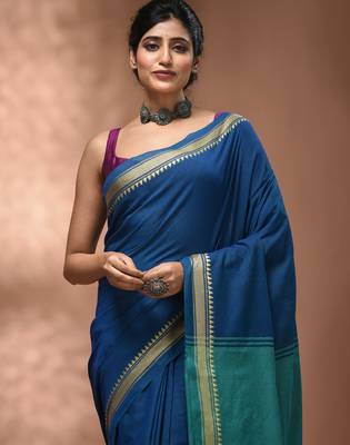 Sapphire blue cotton handspun soft saree with texture borders 5
