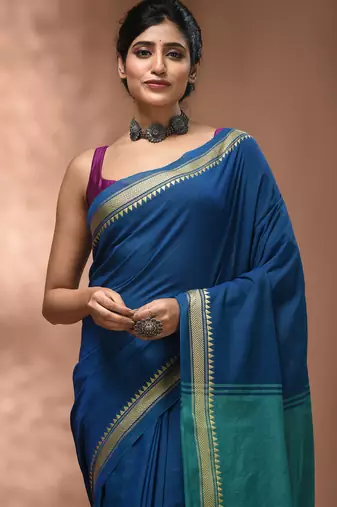 Sapphire blue cotton handspun soft saree with texture borders