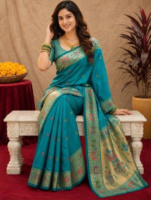 Rama soft silk blend banarasi jacuard work pethani saree with unstitched blouse piece 4