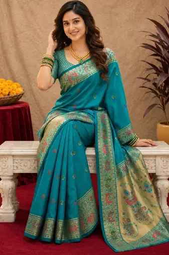Rama soft silk blend banarasi jacuard work pethani saree with unstitched blouse piece