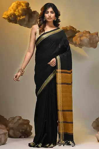 Black cotton handspun soft saree with texture borders