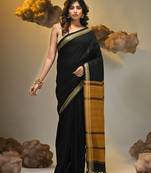 Black cotton handspun soft saree with texture borders