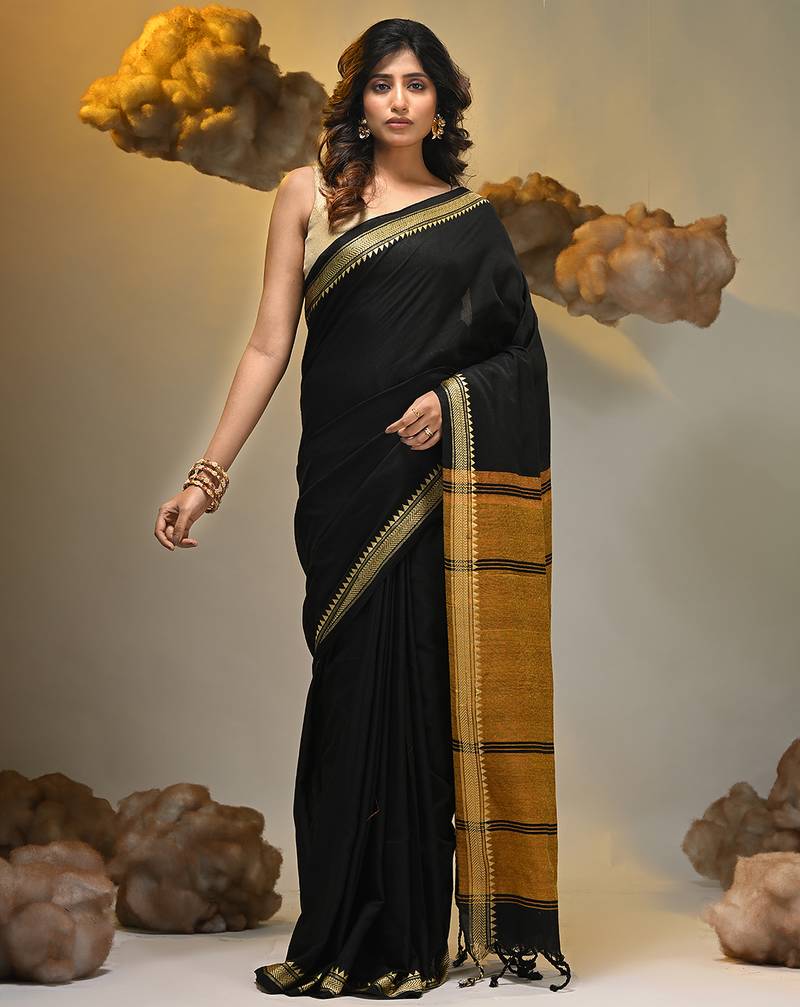 Black cotton handspun soft saree with texture borders