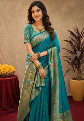 Rama soft silk blend banarasi jacuard work pethani saree with unstitched blouse piece 5